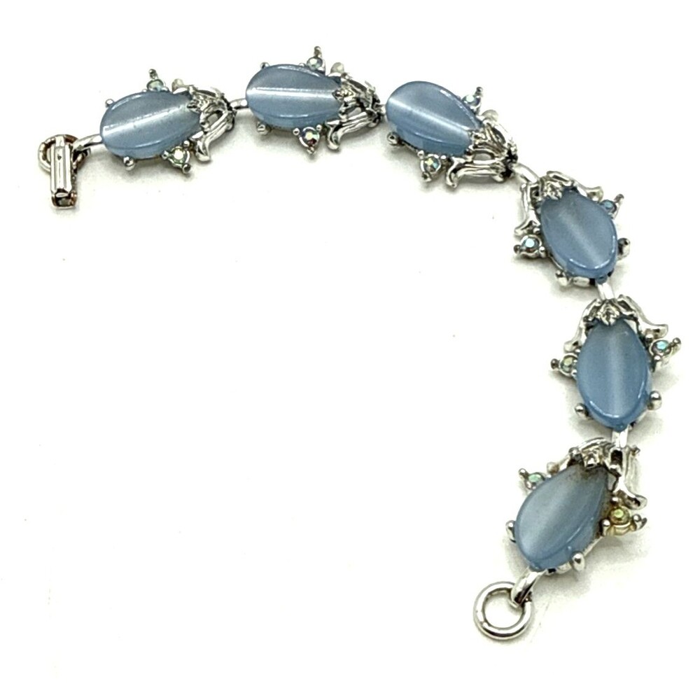 Vintage Light Blue Thermoset Lucite Link Bracelet AB Accents in Silver Tone 6.5"